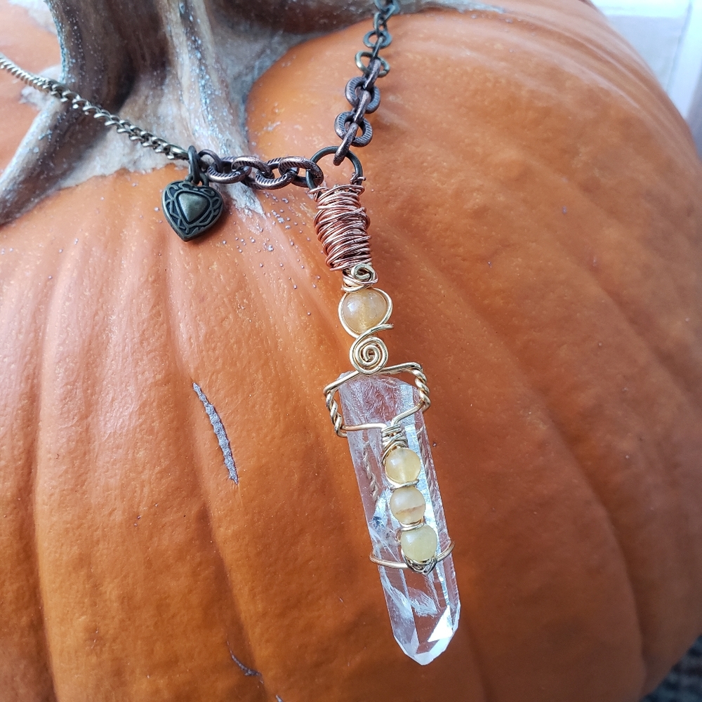 Long wire wrapped crystal point on brass necklace